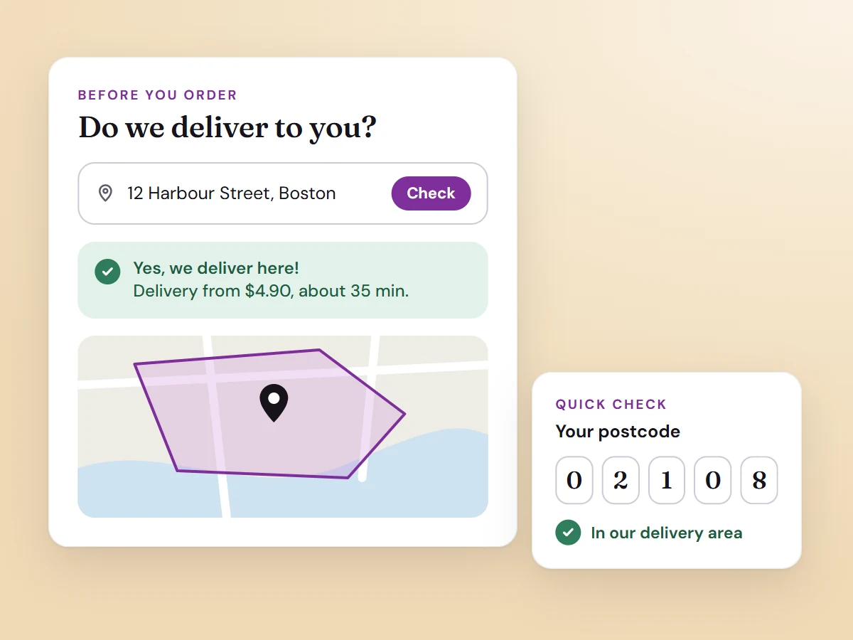 Illustration: an address check and a postcode check, both inside the delivery area